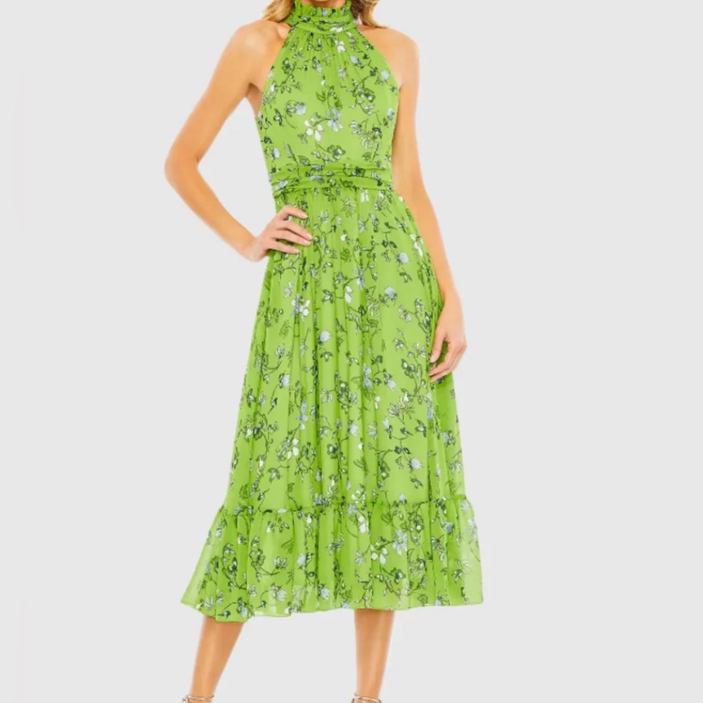 Mac Duggal Green Floral Print Halter Neck A Line Dress